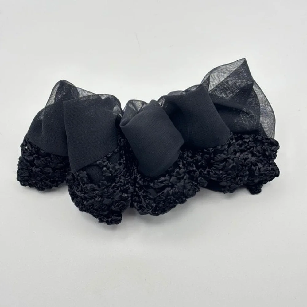 Vintage Black Chiffon‎ Crochet Ruffle Hair Clip Barrette Accessory 80s 90s